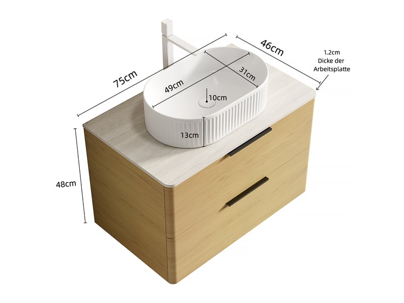 Meuble sous vasque avec 2 tiroirs et vasque ovale en céramique, plateau en pierre frittée, salle de bain, beige et chêne - Conforama D