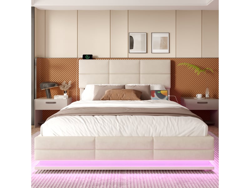  Lit coffre 180×200 cm, revêtu velours, tête de lit réglable en hauteur, avec led et ports usb, sans matelas, beige  - Conforama C