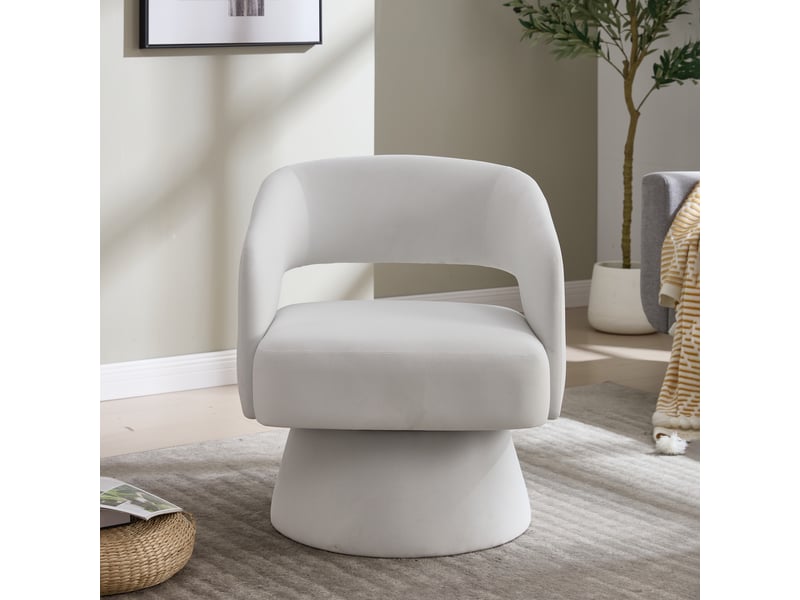  Fauteuil pivotant à dossier ouvert avec accoudoirs incurvés et assise rembourrée, en chenille beige  - Conforama C