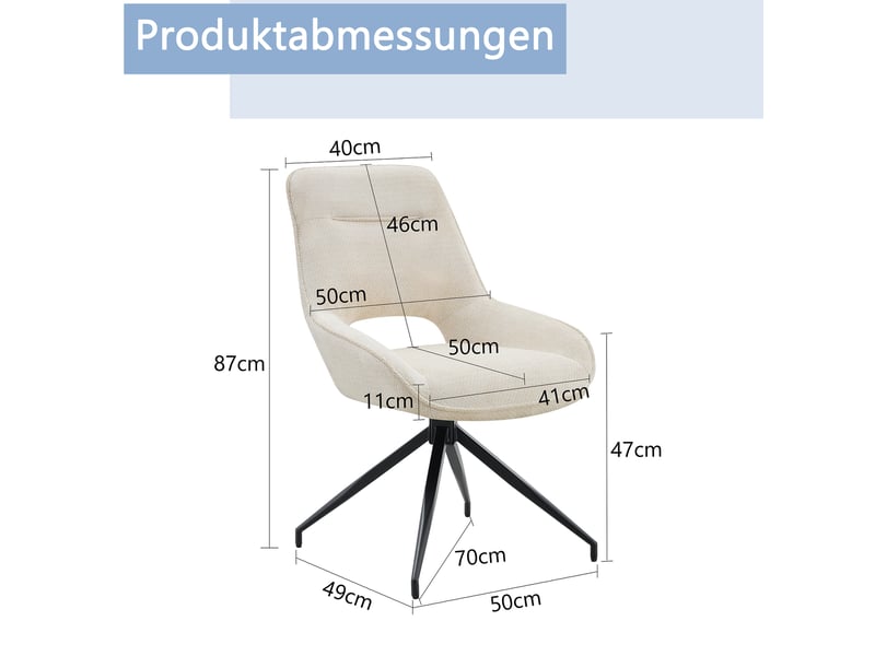  Lot de 2 chaise de salle à manger 50x49 cm rotative 360°, dossier ergonomique, assise confort, beige+noir, tissu+métal  - Conforama C