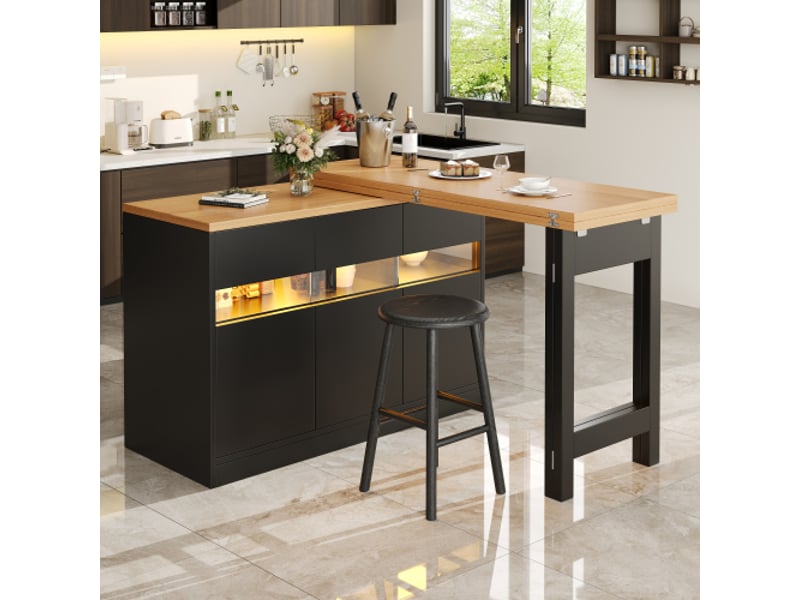  Table de bar led extensible 360° - îlot de cuisine moderne avec rangements, longueur 120-180 cm, salonbureau  - Conforama E