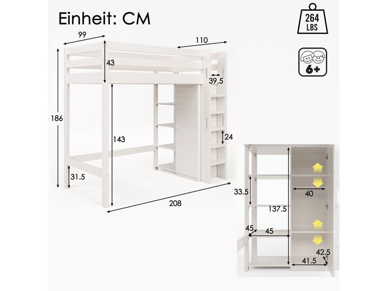  Lit mezzanine enfant 90x200 cm avec armoire, 6 étagères et sommier à lattes, blanc  - Conforama C