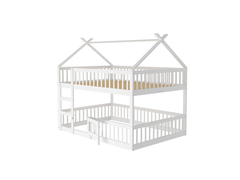  Lit superposé enfant 140x200, lit mezzanine avec escalier et toit, cadre en bois massif, lit cabane blanc avec barrière de sécurité.  - Conforama C