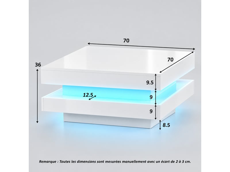  Table basse carrée blanc brillant 70x70x36 cm，avec plateau pivotant 360° et led, style moderne  - Conforama C