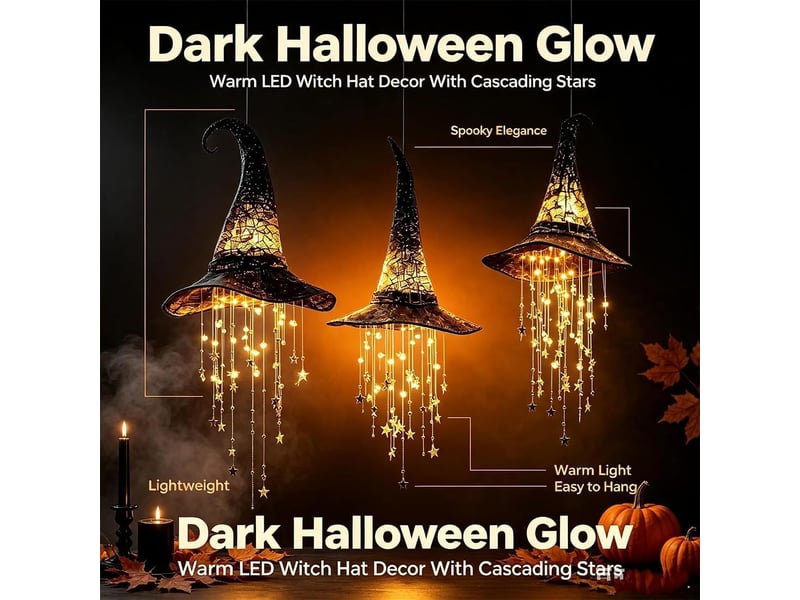  3 pièces décoration halloween suspendue, chapeau de sorcière lumineux led en maille noire avec étoiles pour porche et jardin  - Conforama C