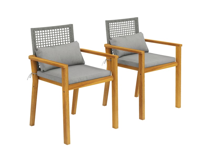  Ensemble de 2 chaises de jardin empilables en bois d'acacia avec coussins, 59 x 55 x 86 cm, coloris gris et bois  - Conforama A