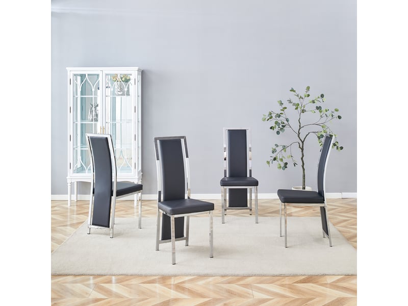  Lot de 4 chaises de salle à manger,44x42x109 cm,similicuir et métal argenté,noir  - Conforama B