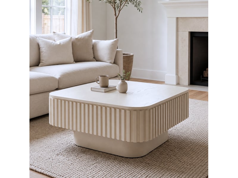  Table basse carrée 75x75x35 cm – beige crème – rangement caché à abattant et style moderne gain de place  - Conforama B