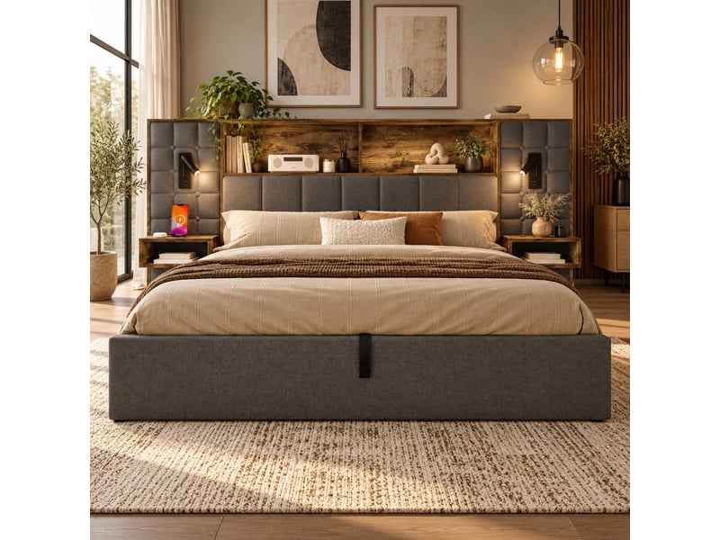  Lit rembourré 160x200 cm avec 2 chevets et étagère, lampe tactile rechargeable, ports usb et usb-c, rangement hydraulique, girs  - Conforama D
