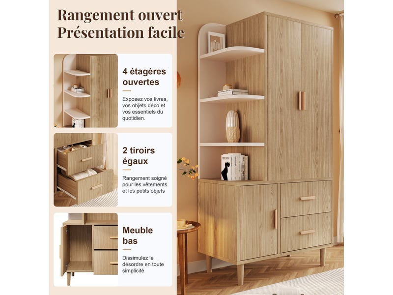 Armoire penderie 80x48x176 cm, led automatique à détection, 2 tiroirs, étagères ouvertes, tringle, grand rangement - blanc et chêne - Conforama D