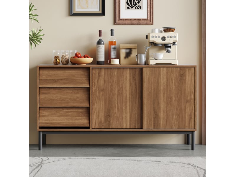 Buffet bas rangement cuisine salon salle à manger 150x40x80 cm, 3 tiroirs, 2 portes coulissantes, mdf marron - Conforama D