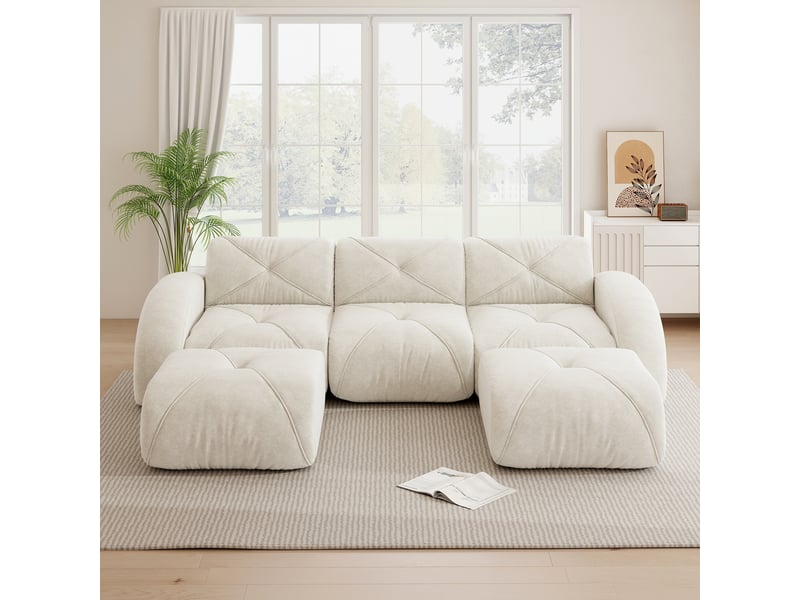 Canapé modulaire en u 3 places avec 2 poufs, sans montage, pour salon, au confort doux, en chenille beige clair - Conforama C