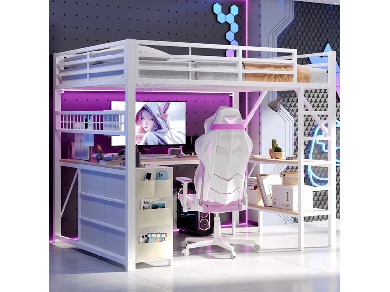 Lit mezzanine 140 × 200 cm avec bureau, étagères, tiroirs et led en métal pour chambre 204 × 145 × 172 cm - Conforama B