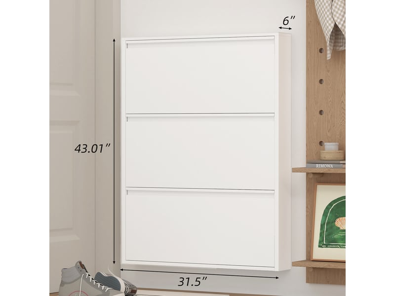  Meuble à chaussures étroit 80x15x109 cm, rangement mural blanc avec 3 tiroirs, optimisation espace entrée et couloir  - Conforama C