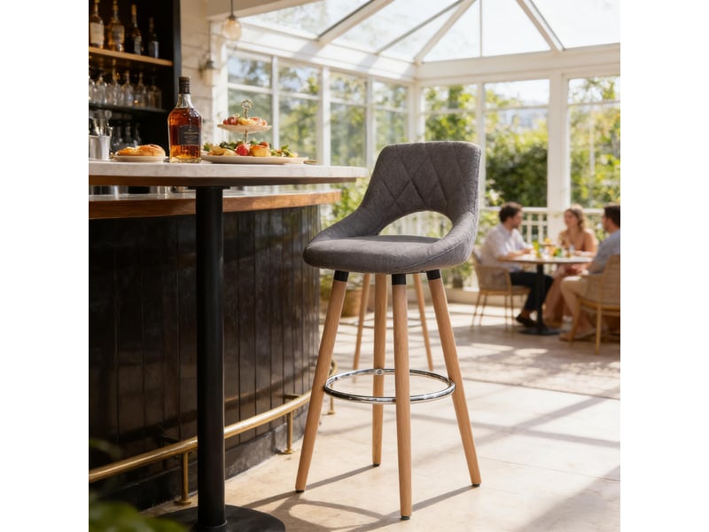 Tabouret de bar ergonomique 43x40x96cm - assise rembourrée en tissu effet lin - pieds en bois massif avec repose-pieds - gris foncé - Conforama E