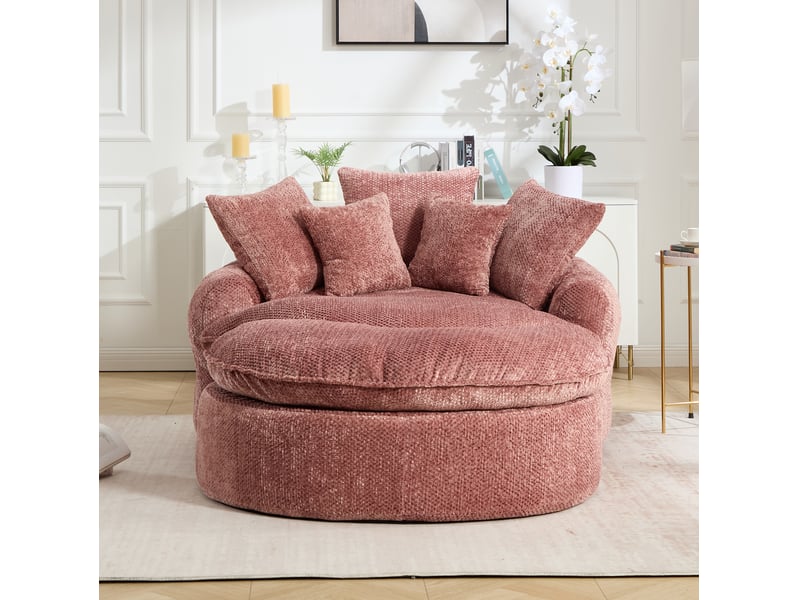  Fauteuil rond surdimensionné 138x190.5x63 cm, dossier large, coussins inclus, mousse dense, polyester rose  - Conforama B