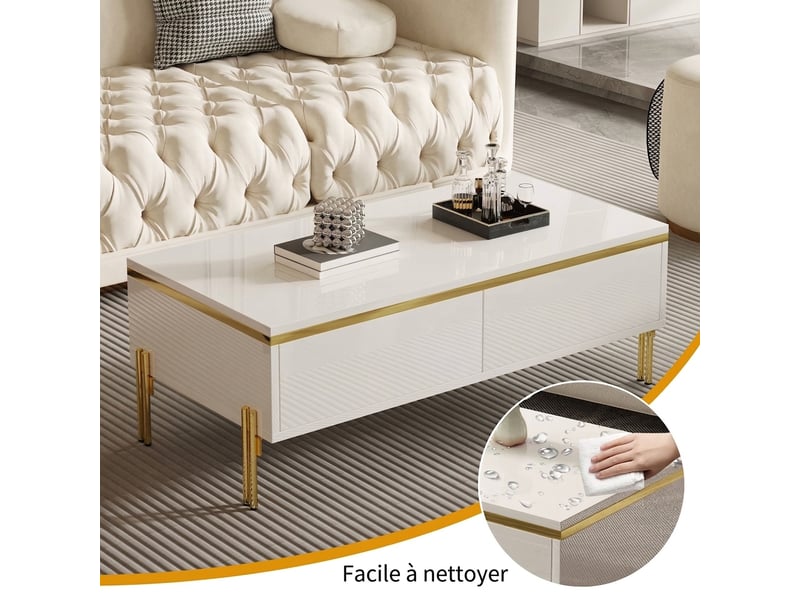  Table basse blanche brillante 100x50x36 cm avec tiroirs cachés et pieds en métal  - Conforama E