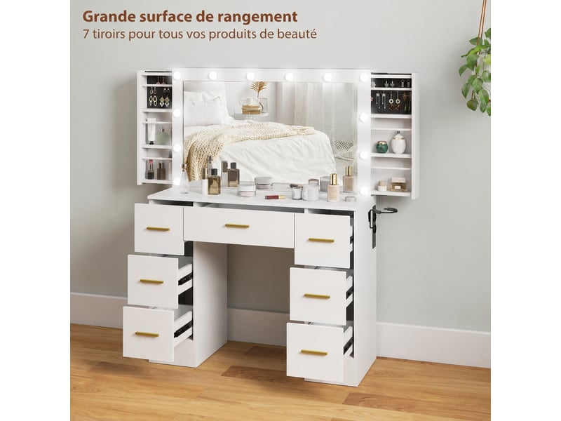  Coiffeuse blanche avec miroir lumineux, 12 led, 7 tiroirs et 6 compartiments cachés, 100 x 40 x 137 cm  - Conforama C