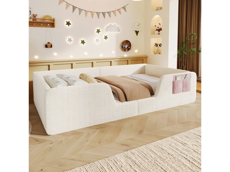  Lit rembourré, 90 x 190 cm, barrières de sécurité amovibles, poche de rangement intégrée en tissu, velours unique, beige  - Conforama D
