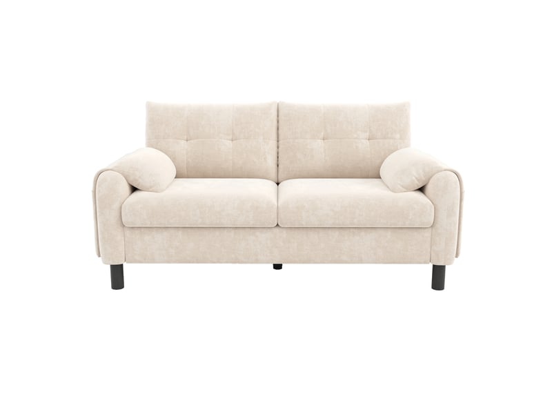  Canapé 2 places 158x80x88,5 cm en chenille beige, compact, avec poches latérales et coussins  - Conforama E