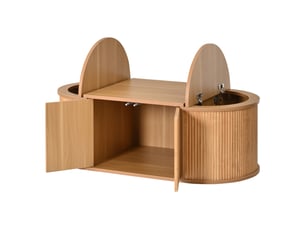 Table basse ovale en bois clair, espace de rangement caché avec 4 portes, ouverture magnétique, 100x50x35 cm