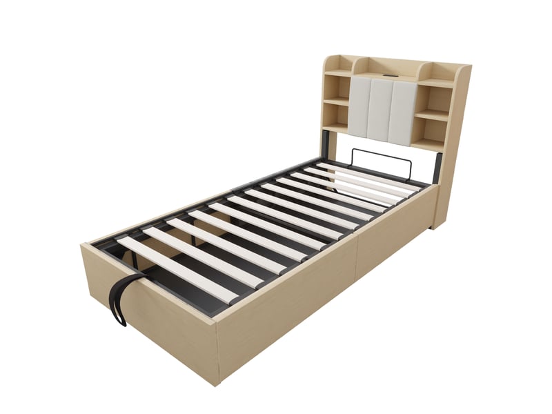  Lit en bois 90 x 200 cm avec relevage hydraulique, tête de lit avec rangement, usb et usb-c, sans matelas  - Conforama A