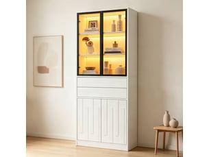 Vitrine colonne blanche avec éclairage led, portes en verre trempé et deux tiroirs, 70 x 34 x 180, blanc