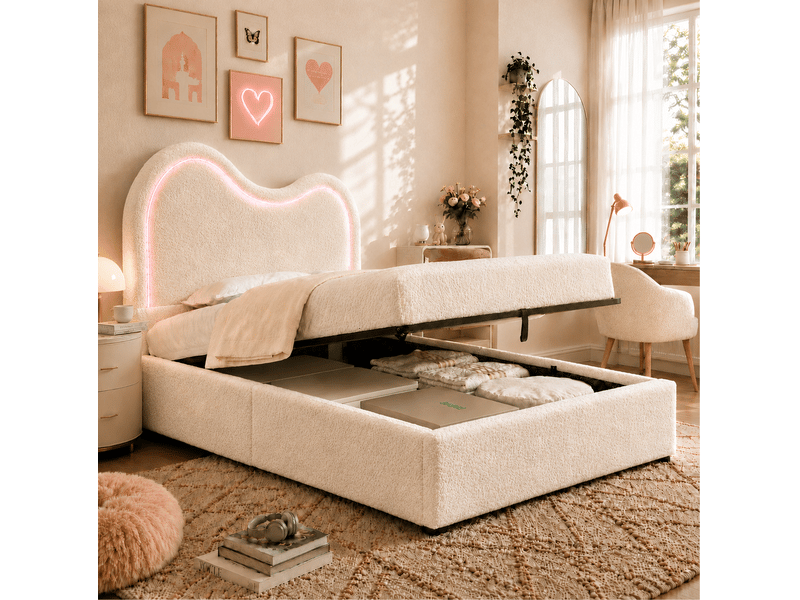  Lit enfant 90 × 200 cm coffre relevable avec sommier à lattes et éclairage led bouclé blanc pour chambre enfant  - Conforama B