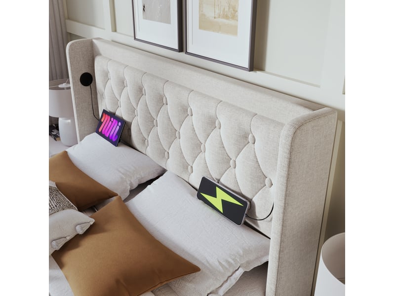  Lit coffre 160 × 200 cm 2 places avec led 3 côtés, usb et type-c, matelas inclus, en coton beige  - Conforama E