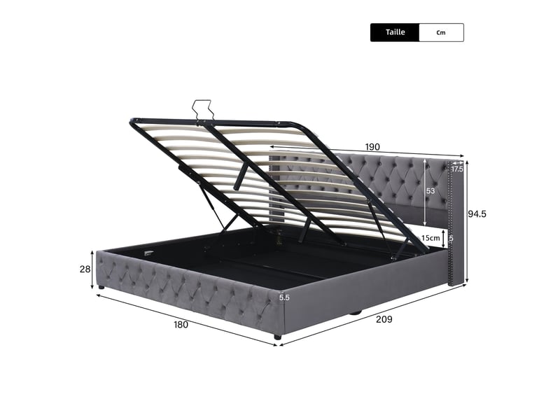  Lit coffre capitonné 180x200 cm en velours gris avec sommier et rangement hydraulique evarich - Conforama C