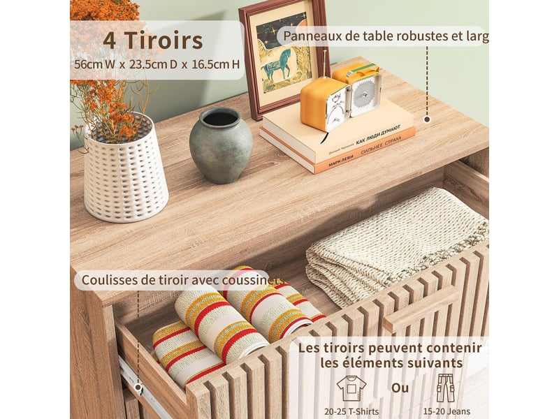  Commode 4 tiroirs - 60x34x91cm - meuble rangement chiffonnier scandinave façades à lattes et pieds hauts - chêne clair  - Conforama A