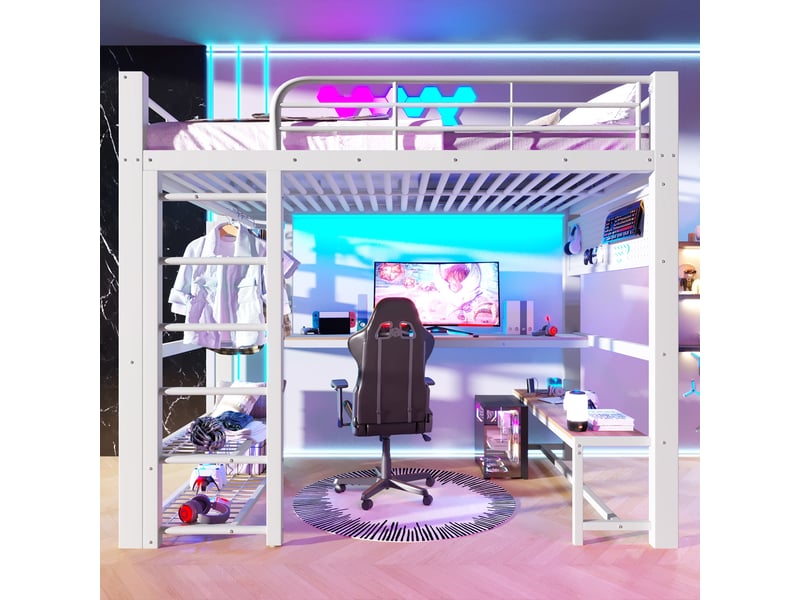  Lit superposé 140x200 cm, lit enfant, rangement, escalier avec rangement, led, bois et métal blanc  - Conforama A