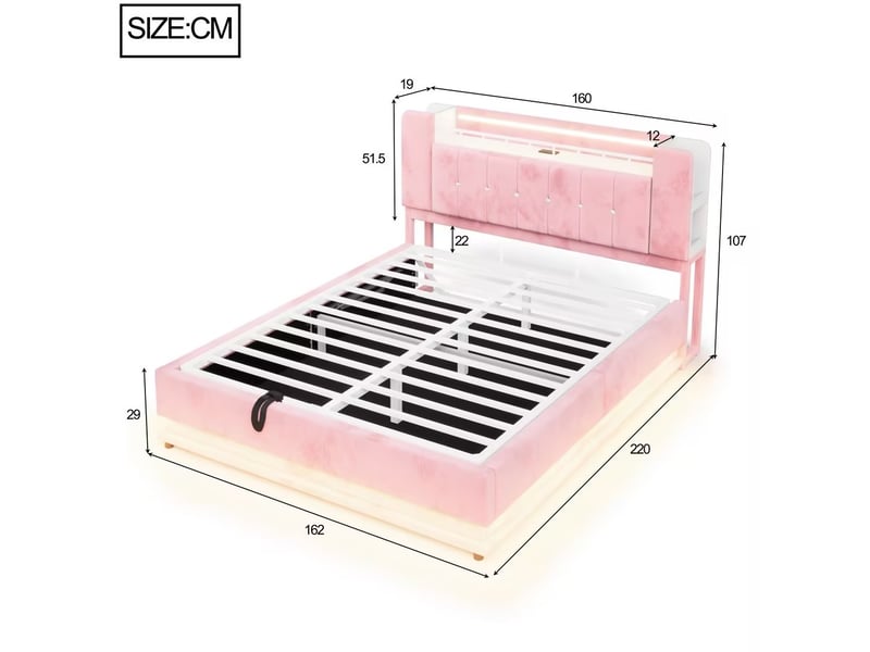  Lit double 160 × 200 cm avec coffre hydraulique, led, prises usb et rangement tête de lit en velours rose chambre  - Conforama C