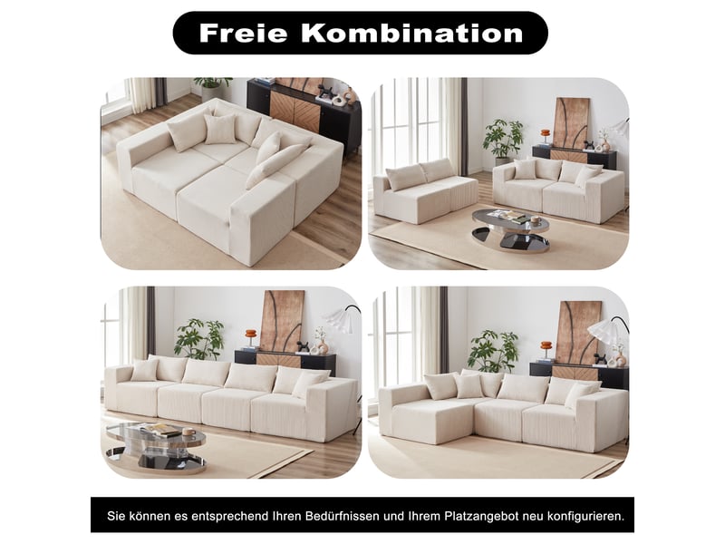  Canapé d'angle compressée en l en velours côtelé,264x167x71cm,canapé modulaire 4 pièces en mousse,sans montage,beige  - Conforama D