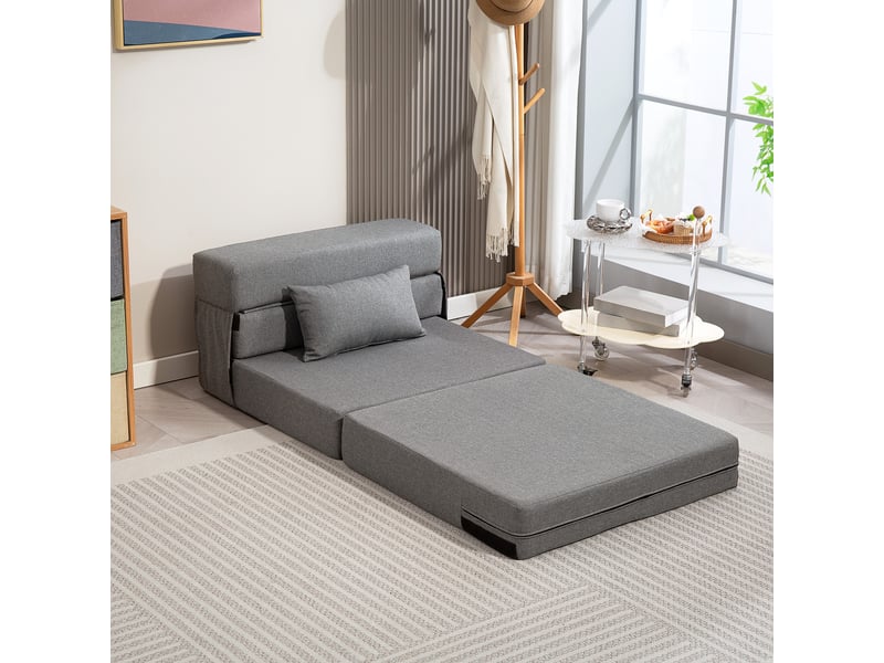  Chauffeuse futon grand confort avec coussin tissu toucher lin gris  - Conforama D