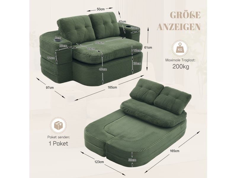  Canapé droit convertible 2 places en velours côtelé vert émeraude, accoudoirs réglables et 2 porte-gobelets  - Conforama C