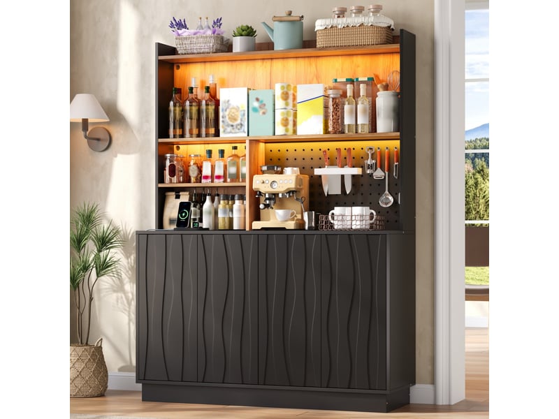 Buffet haut de cuisine 120 x 43 x 160 cm noir et bois, 4 portes, led rgb, prises, usb, panneau perforé et niches ouvertes pour cuisine moderne - Conforama B