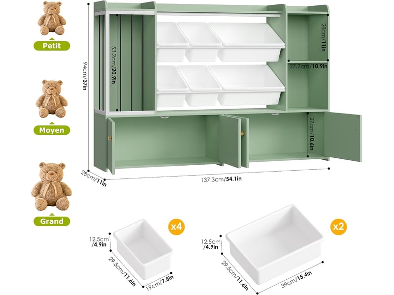  Meuble rangement enfant, bibliothèque enfant, 137,3x28x94cm,vert  - Conforama C