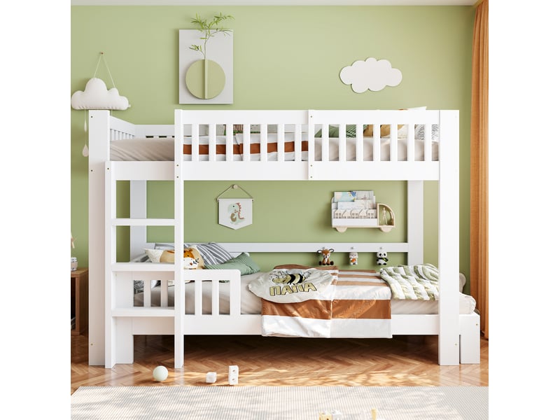  Lit superposé enfant 90 × 200 cm 2 places modulable avec barrières, sommier inclus, sans matelas, blanc  - Conforama B