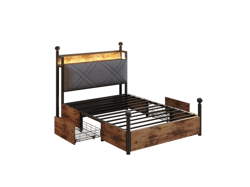 Lit baldaquin 90x190 cm, lit modulable, tiroirs sur roulettes, éclairage led, dossier doux, mdf, noir, sans matelas - Conforama E