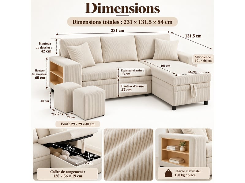  Canapé d'angle réversible convertible 3 places avec coffre, ports usb-c, étagères et 2 poufs, velours côtelé beige, 231 cm  - Conforama C