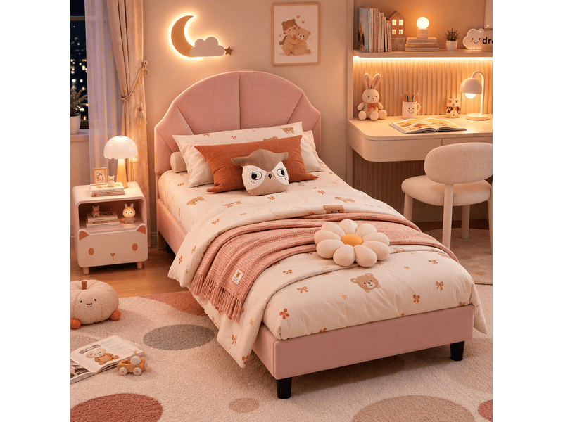 Lit simple enfant 90x200 cm - lit rembourré - tête de lit réglable - 1 personne - lit plat - lit fille 90x200cm en velours - lit rembourre avec sommier à lattes en bois - tête de lit réglable en hauteur - cadre de lit enfant - e… - Conforama B