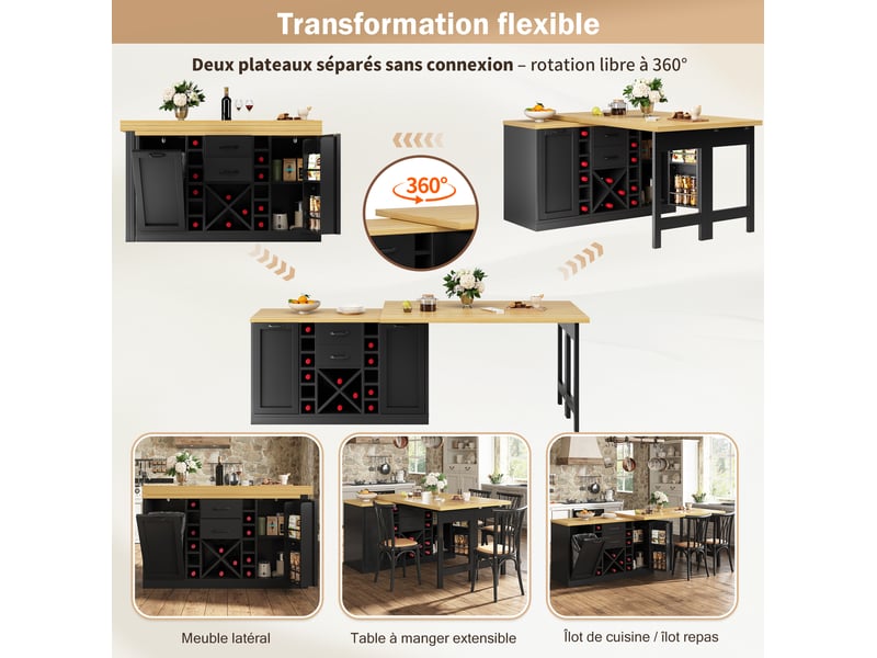  Îlot de cuisine 120-223x40x73,8 cm pivotant, avec rangements et porte-bouteilles amovible, mdf et métal, couleur noir  - Conforama E