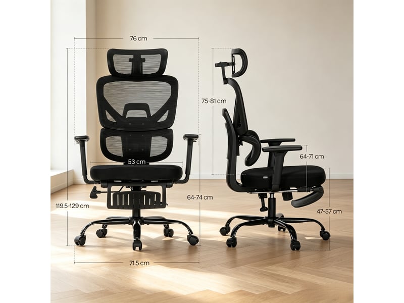  Chaise de bureau ergonomique pivotante avec repose-pieds, accoudoirs 3d, appui-tête 3d et dossier inclinable, maille noire, 150 kg  - Conforama C
