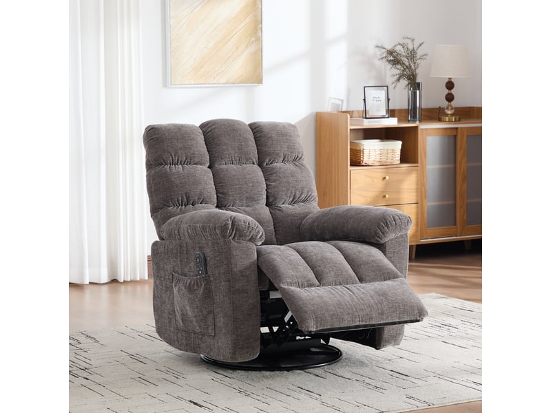 Fauteuil massant électrique gris, pivotant à 360°, massage vibrant chauffant, dossier et repose-pieds réglables pour salon - Conforama B