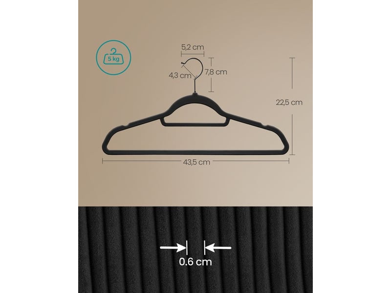 Songmics – cintres en velours antiglisse – lot de 50 – crochets pivotants 360° – épaisseur 0,6 cm – longueur 43,5 cm – pour manteaux, robes, pantalons, noir d'encre - Conforama D