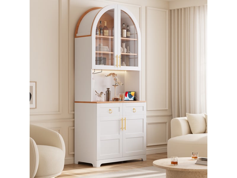  Buffet haut vitré 80 cm blanc, 4 portes, 2 tiroirs, led et prises Fay Lum - Conforama D