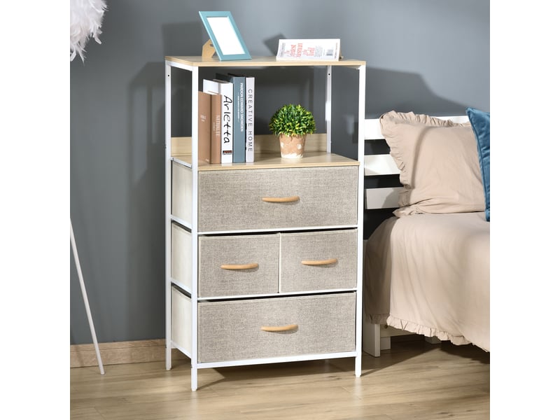  Commode en tissu à 4 tiroirs, compartiment ouvert et structure métallique, idéale pour une chambre ou une entrée, grise.  - Conforama D