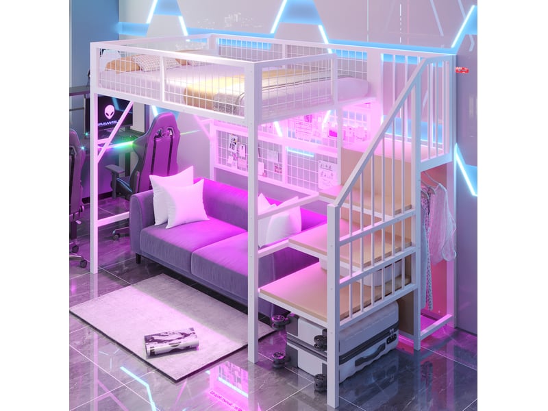Lit mezzanine 90x200 cm en métal avec rangements et led, noir et blanc - Conforama B