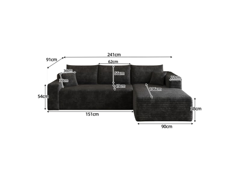  Canapé d’angle cloud 241 cm noir, sofa en l moderne profond sans montage  - Conforama R